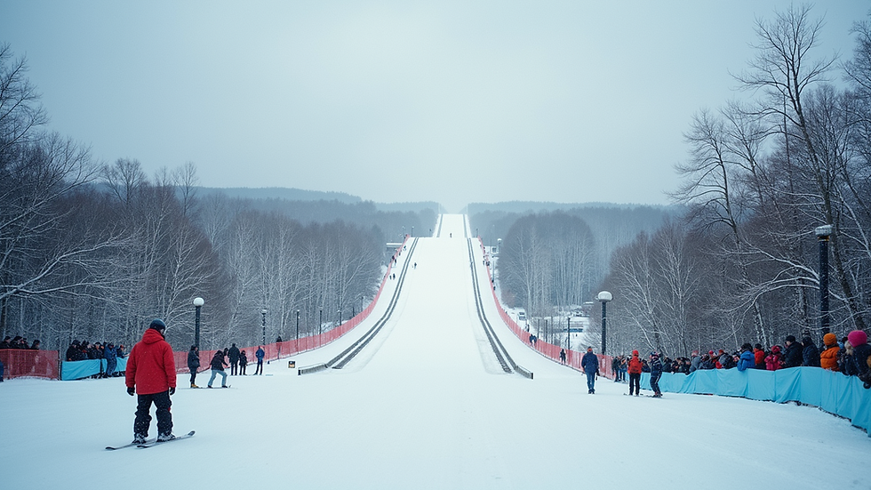 Wide angle view of Holmenkollen ski jump with spectators