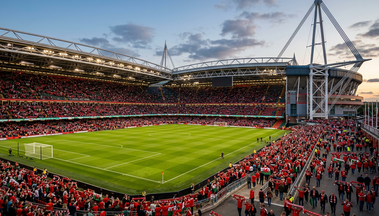 Wide-angle view of a football stadium in Cardiff before an evening match.