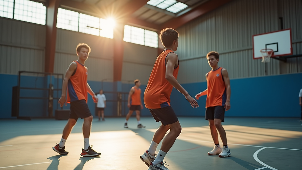 Oversiktsbilde av basketballtrening med unge spillere og trener