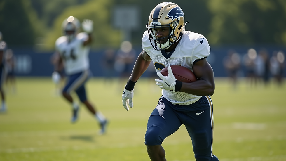 Close-up view of a football player running with the ball during NFL minicamp 2026