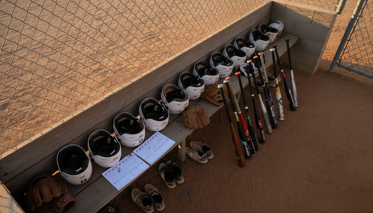 High-angle view of a softball dugout with bats helmets and scorecards