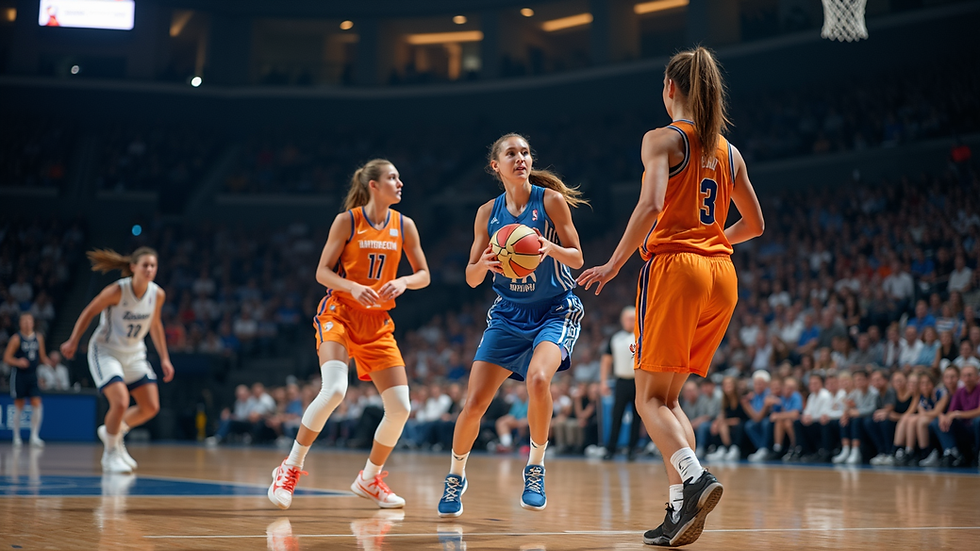 Nærbilde av basketballkamp i WNBA med fokus på ball og spiller