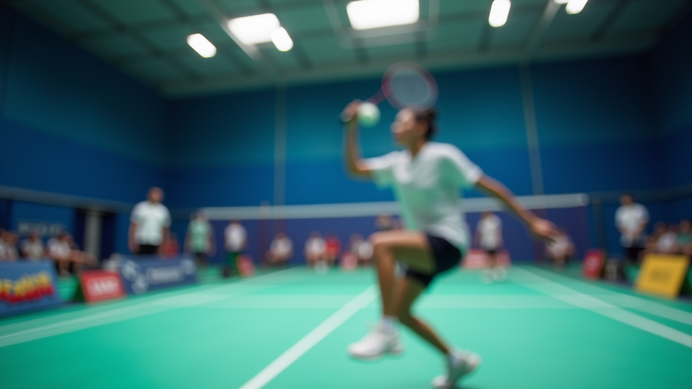 Oversiktsbilde av badminton doublekamp med fokus på raske bevegelser