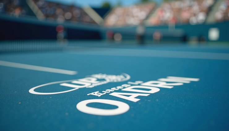 Nærbilde av tennisbane med US Open-logo i fokus