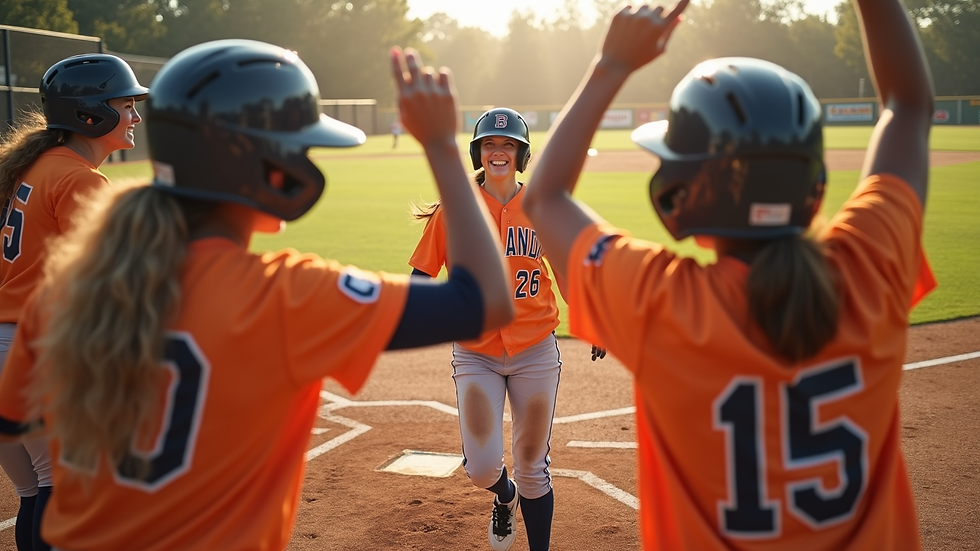 High angle view of softball players celebrating a walk-off home run