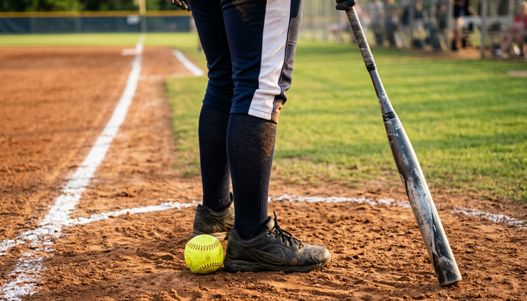 Low-angle view of a softball batter’s shoes and bat in the on-deck circle beside a clay field