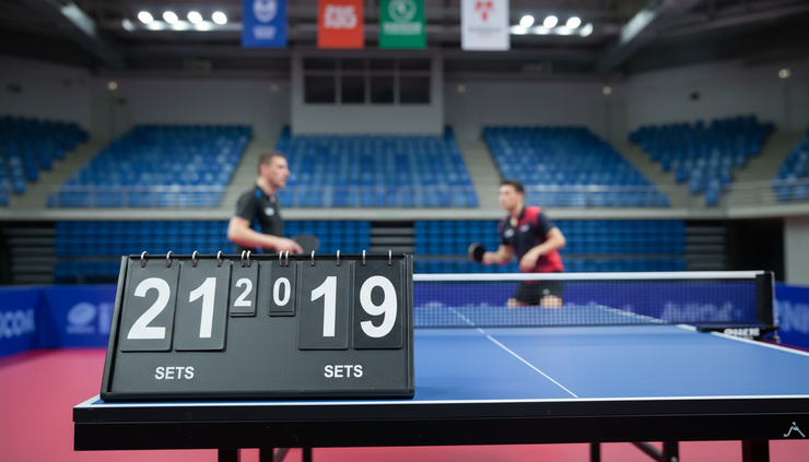 Øyehøyde-bilde av en resultattavle ved et bordtennisbord under en internasjonal kamp.