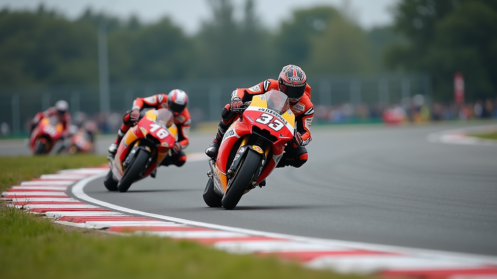 Oversiktsbilde av MotoGP-banen med flere sykler i tett konkurranse