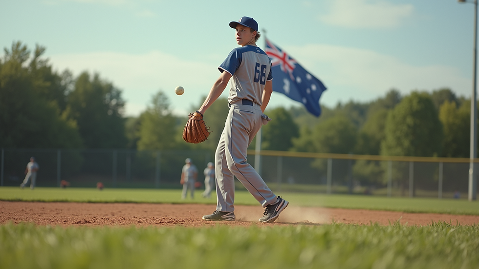 Oversiktsbilde av softballbane med australsk flagg i bakgrunnen