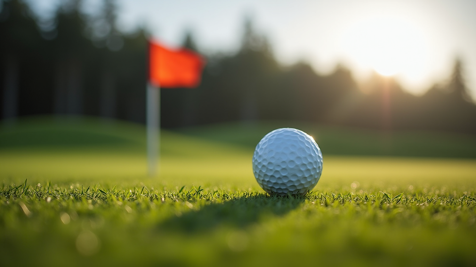 Nærbilde av golfball på greenen med flagg i bakgrunnen