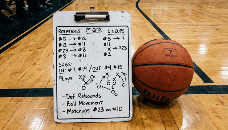 Overhead view of a basketball court clipboard with rotation notes beside a game ball