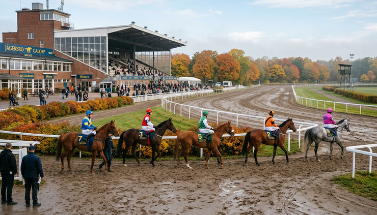 Wide-angle view of racehorses entering a Scandinavian dirt track on an autumn morning.