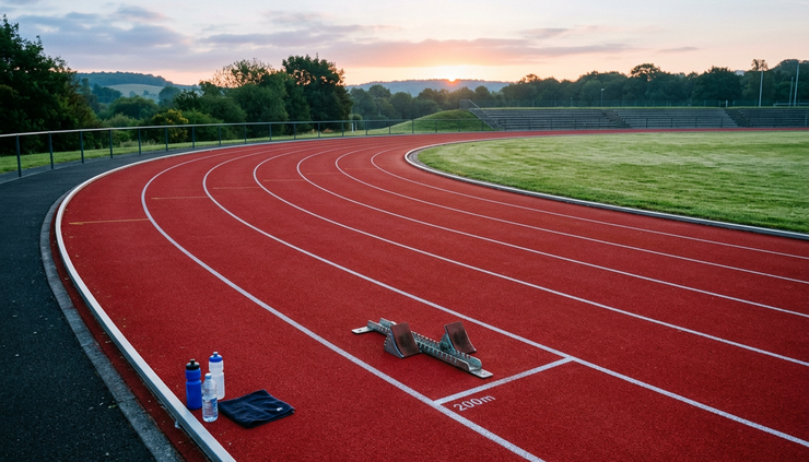 Wide-angle view of a running track at sunrise with lanes ready for athletes.
