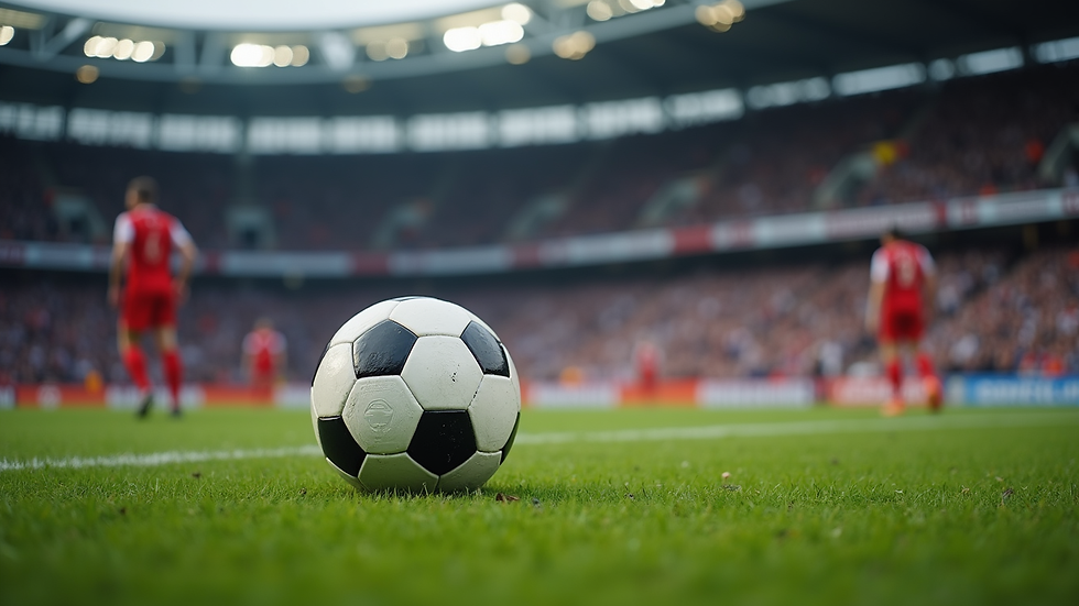 Nærbilde av fotballbane med ball og mål i bakgrunnen