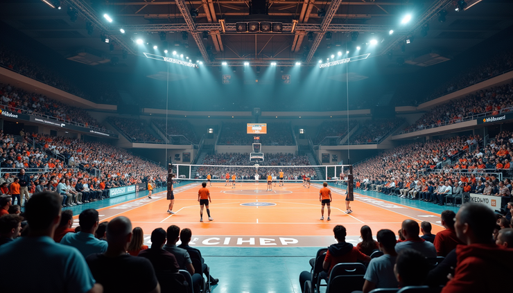 Oversiktsbilde av innendørshall med volleyballkamp i gang, publikum på tribunen