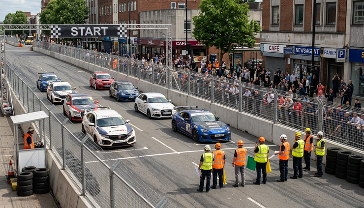 High-angle view of a closed street racing course with safety barriers and parked race cars.