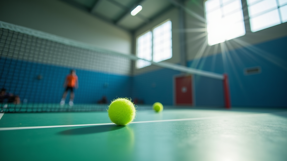 Nærbilde av badmintonracket og fjærball på treningsbane