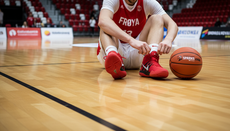 Nærbilde av en basketballspiller som knyter skoene før kamp