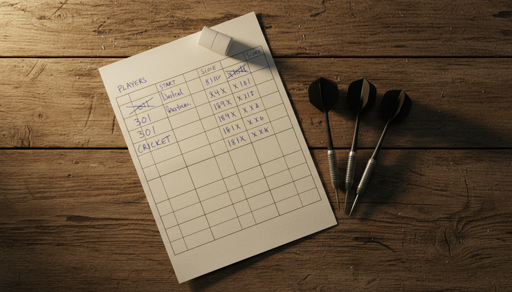 Overhead view of a darts score sheet beside three steel-tip darts.