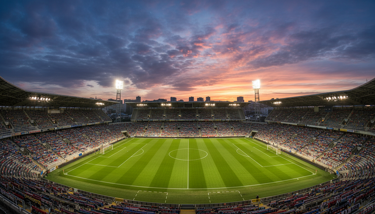Vidvinkelbilde av en flombelyst europeisk fotballstadion før kamp