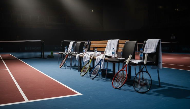 Øyehøydevisning av en Davis Cup-benkeplass med racketer og håndklær ved siden av banen
