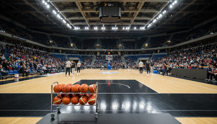 Wide-angle view of a European basketball arena before tipoff
