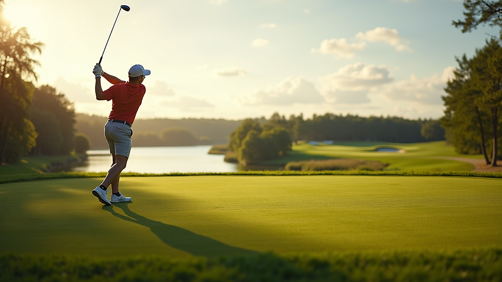 Oversiktsbilde av golfspillere som går langs fairway med utsikt over havet