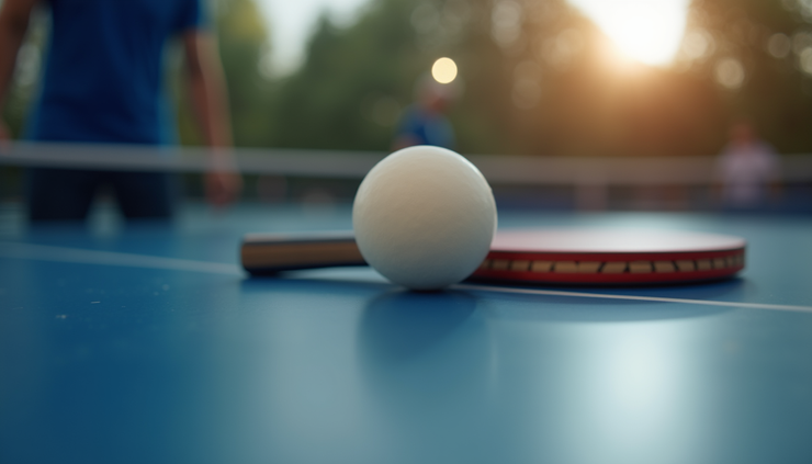 Nærbilde av bordtennisball på bord med racket i bakgrunnen