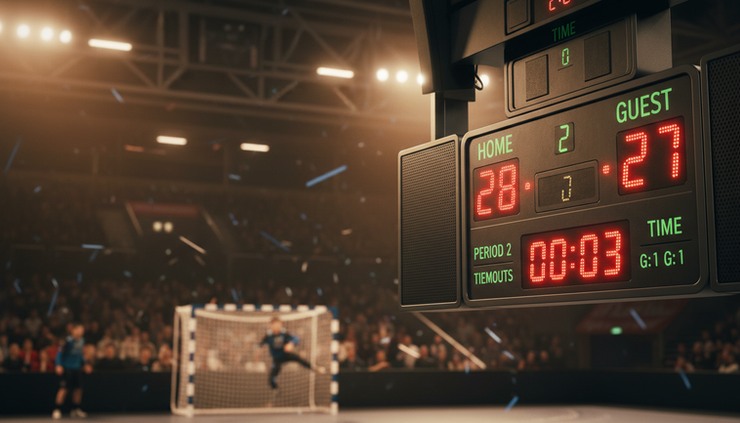 Close-up of a handball scoreboard glowing above an indoor arena