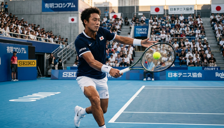 Eye-level view of en tennisspiller som slår en forehand på hardcourt i Tokyo.