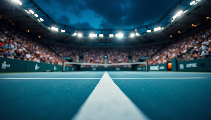 Nærbilde av tennisbanen Arthur Ashe Stadium med publikum og nattbelysning