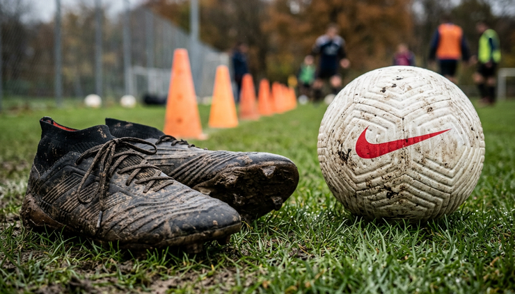 Close-up view of football boots beside a wet training ball.