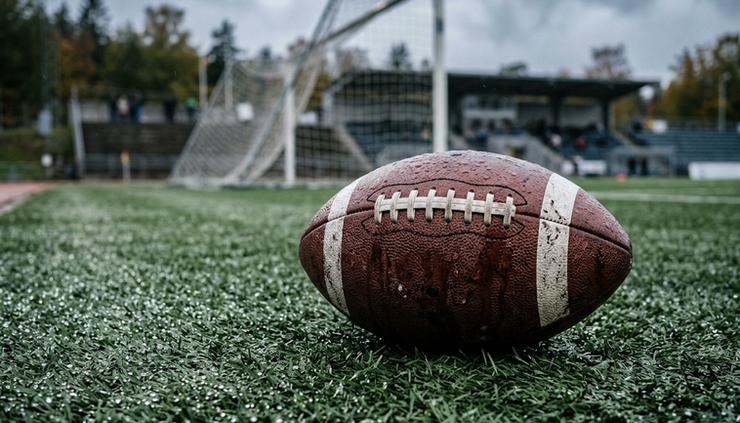 Nærbilde av en våt fotball på kunstgress før kamp