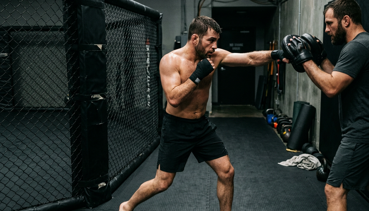 Eye-level view of a mixed martial arts fighter warming up beside a cage