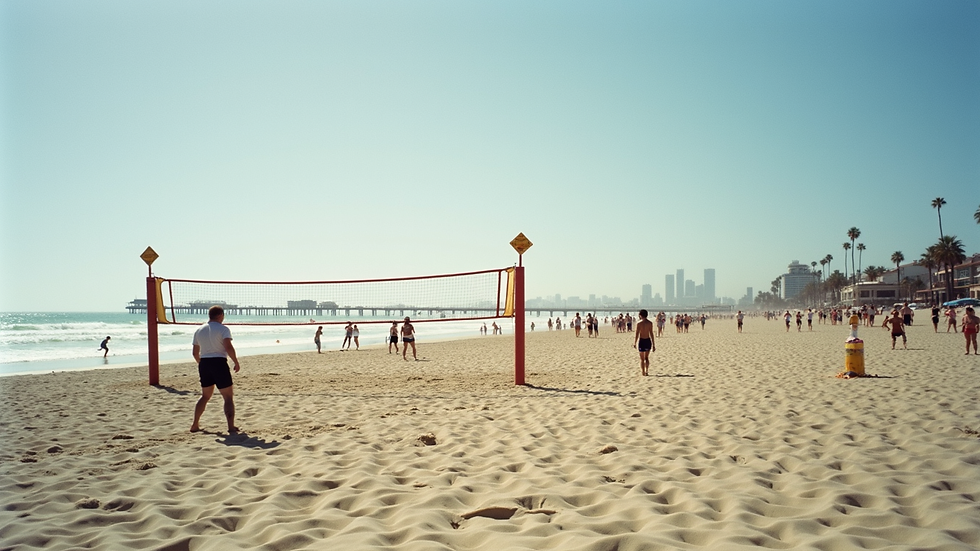 Oversiktsbilde av Manhattan Beach Pier med sandvolleyballbaner og publikum