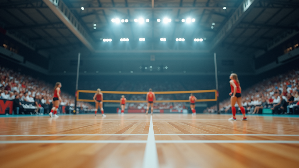 Oversiktsbilde av volleyballarena med publikum og spillere i aksjon