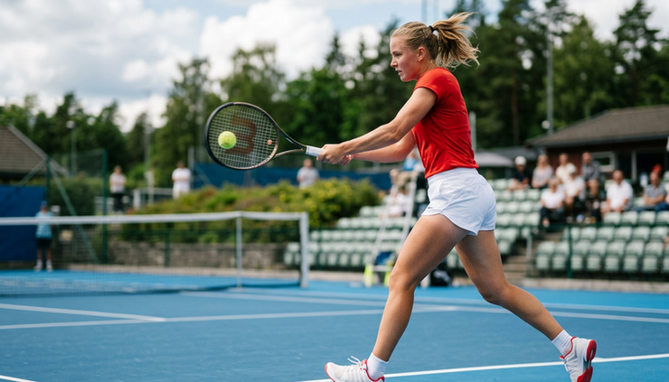 Øyehøydebilde av en norsk tennisspiller som slår forehand på en hardcourt
