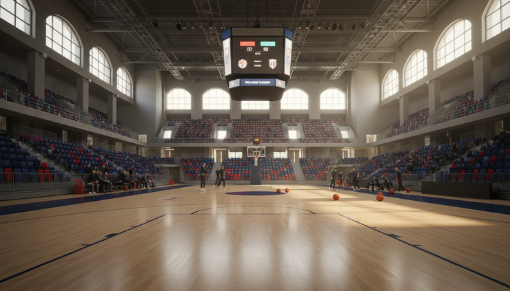 Vidvinkelbilde av en europeisk basketballarena før kampstart