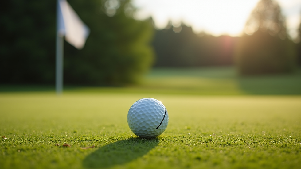 Nærbilde av golfball på greenen med flagg i bakgrunnen
