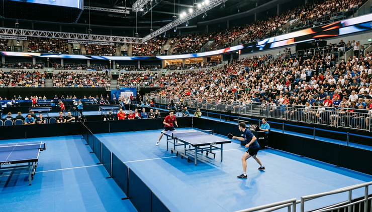 Wide-angle view of an international table tennis arena during warm-up before finals