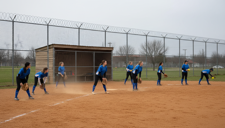 Eye-level view of softball players warming up on a dirt infield before a match