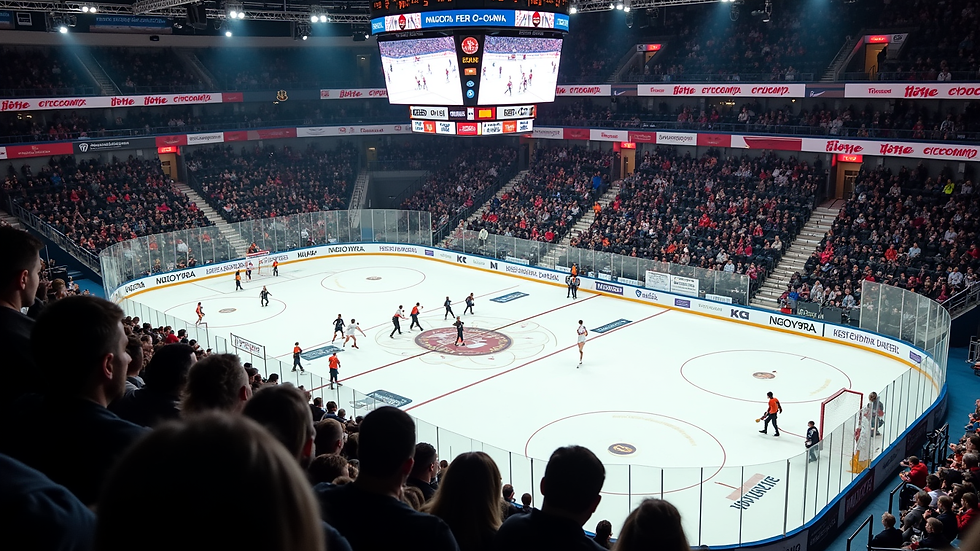 High angle view of a packed Nordic sports arena during a handball match