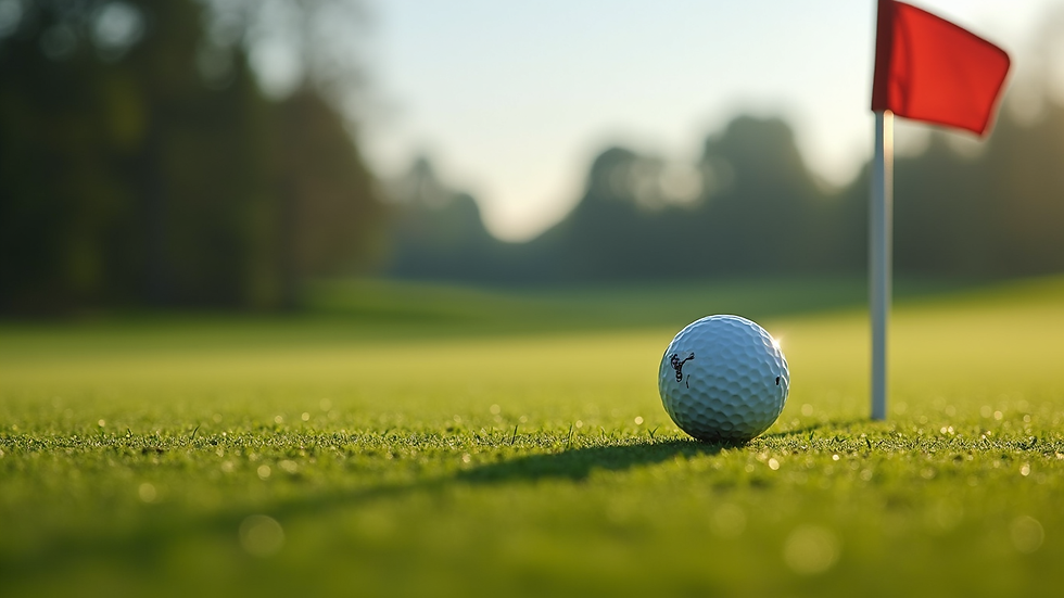 Nærbilde av golfball på greenen med flagg i bakgrunnen