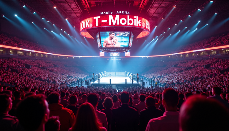 Nærbilde av T-Mobile Arena i Las Vegas med kamplys og publikum som forbereder seg til storboksing