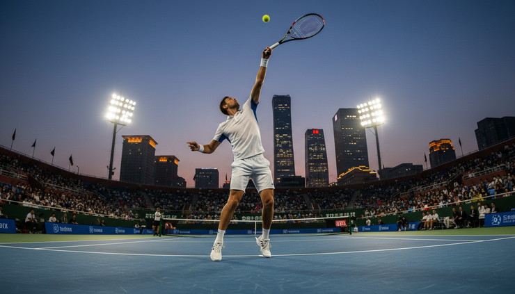 Low-angle view of a tennis player serving on a blue hard court during an evening match