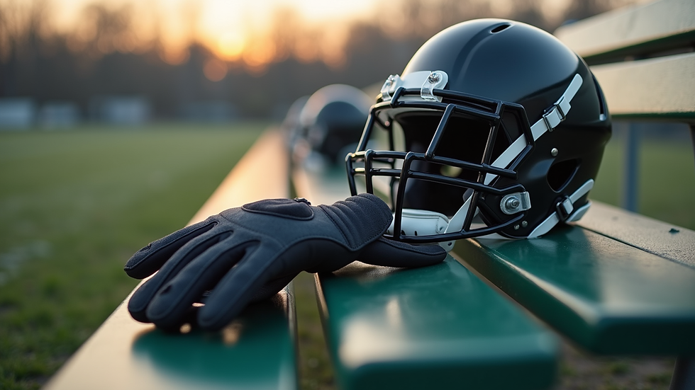 Close-up view of a football helmet and gloves on a bench
