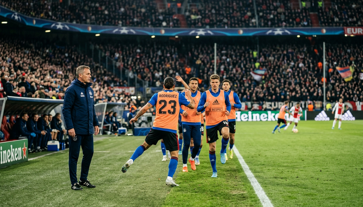 Eye-level view of substitutes warming up beside a European football pitch during an evening match