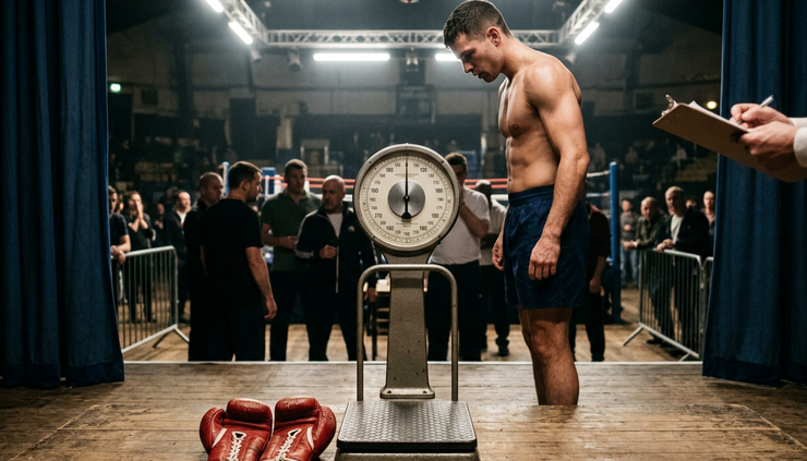 Eye-level view of a boxing scale on a weigh-in stage with gloves placed beside it.