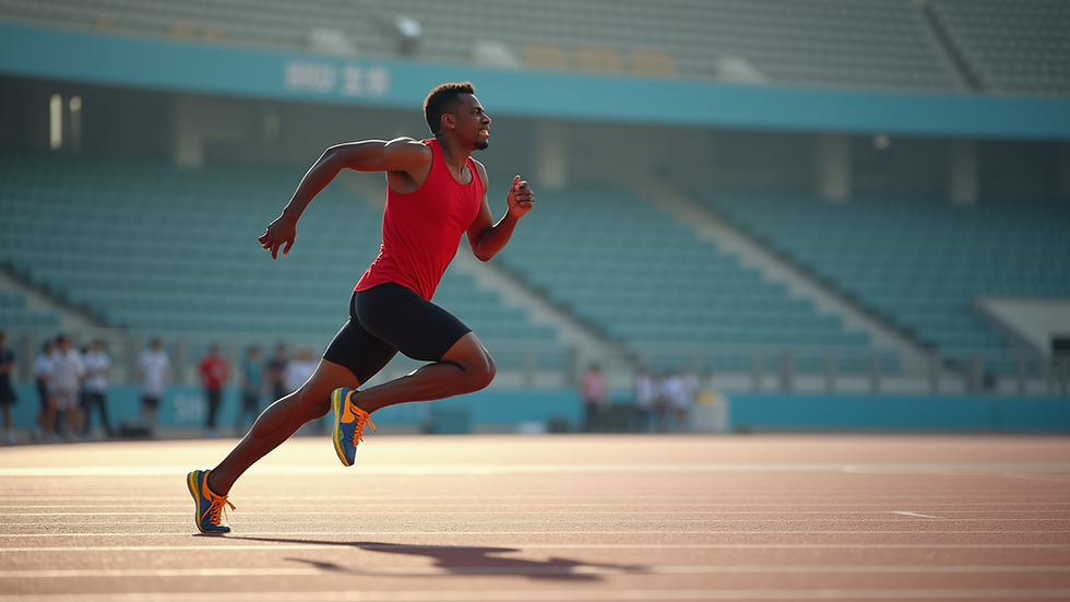 Høyvinkelbilde av Ferdinand Omanyala som sprinter på 100 meter i Xiamen