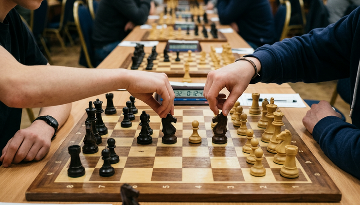 Eye-level view of young chess players studying a position on a wooden board
